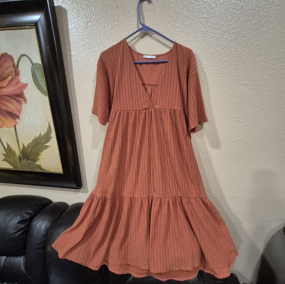 Zara Rust Orange V-Neck Dress